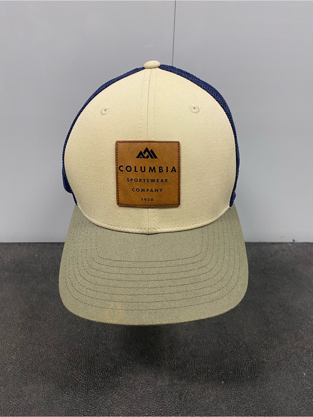Columbia Two-Tone Patch Trucker Hat in Cream, Olive & Navy